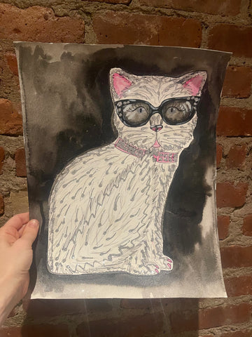 Choupette Cat Glitter Original Watercolor Painting