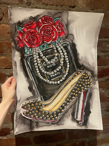 Black Perfume and Heels Glitter Watercolor Painting